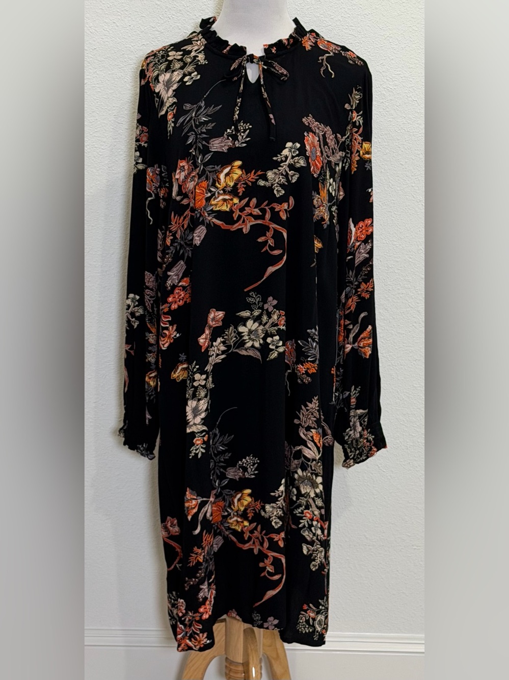 Ellos Black Floral Midi Boho Dress Women’s 18 Boho Long Sleeve Tie Neck Flowy